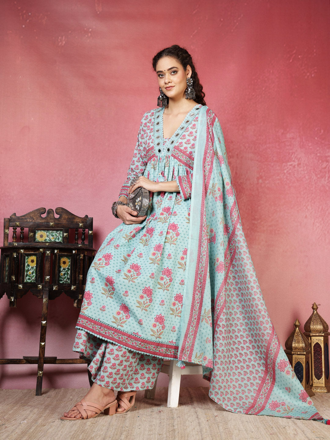 Printed Cotton Blend Kurta With Pants & Dupatta
