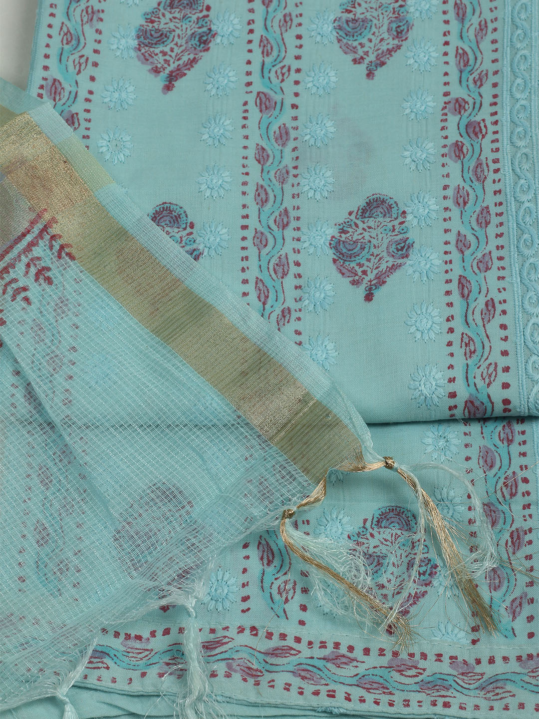 Printed Cotton Unstitched Suit With Pant &amp; Dupatta