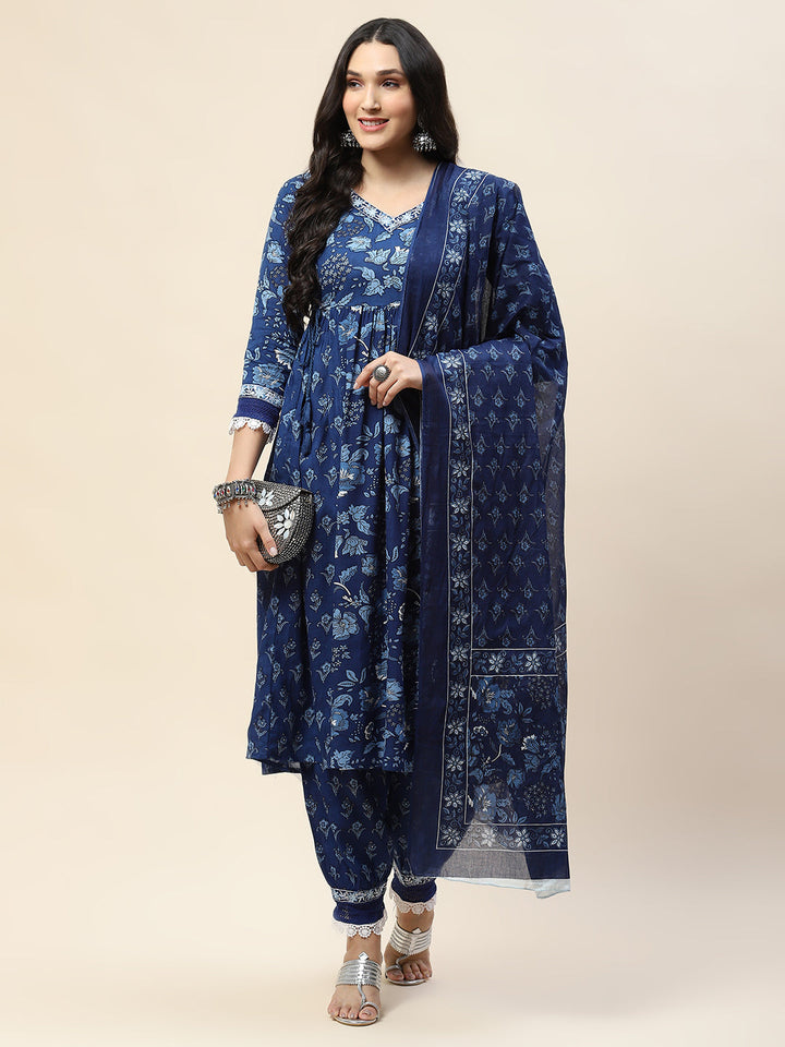 Floral Printed Cotton Kurta With Pants &amp; Dupatta