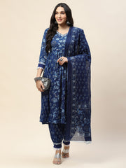 Floral Printed Cotton Kurta With Pants & Dupatta