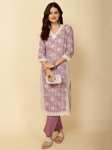 Floral Printed Cotton Straight Kurta With Pants