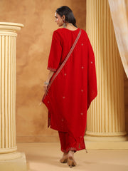 Neck Embroidered Velvet Kurta With Pants & Dupatta