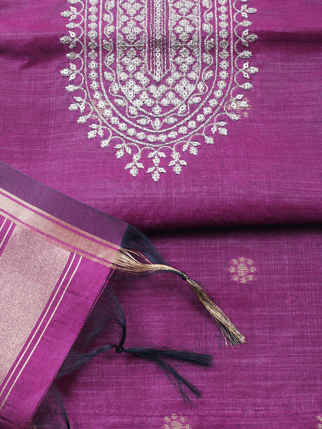 Embroidered Chanderi Unstitched Suit With Pant &amp; Dupatta
