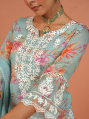 Digital Floral Printed Organza Kurta With Pants & Dupatta
