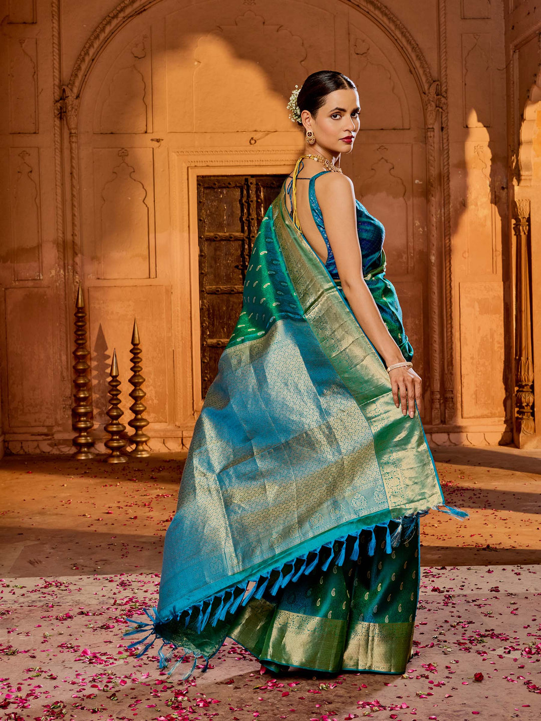 Lake Blue Hlame Woven Saree