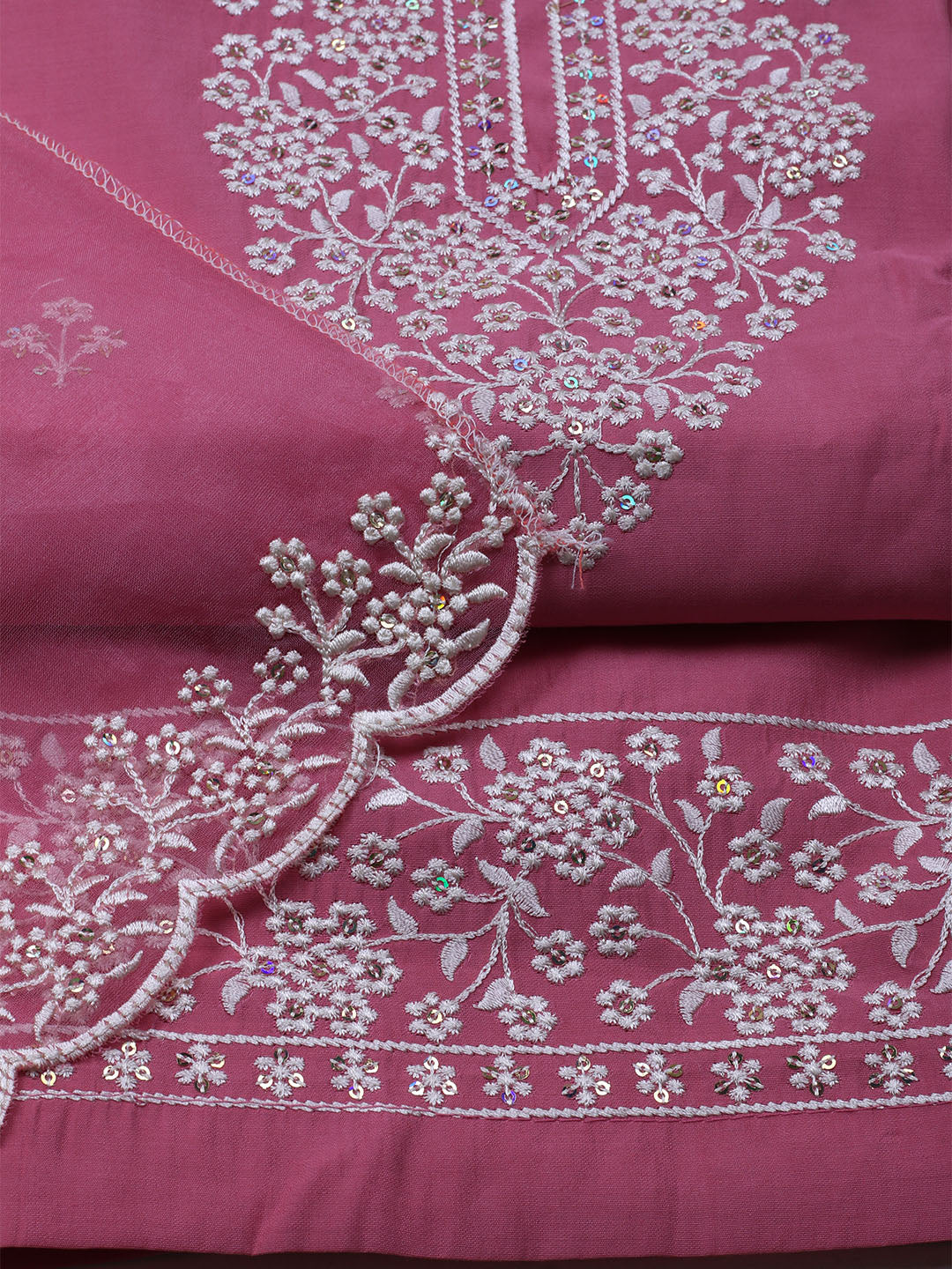 Embroidered Chanderi Unstitched Suit With Dupatta