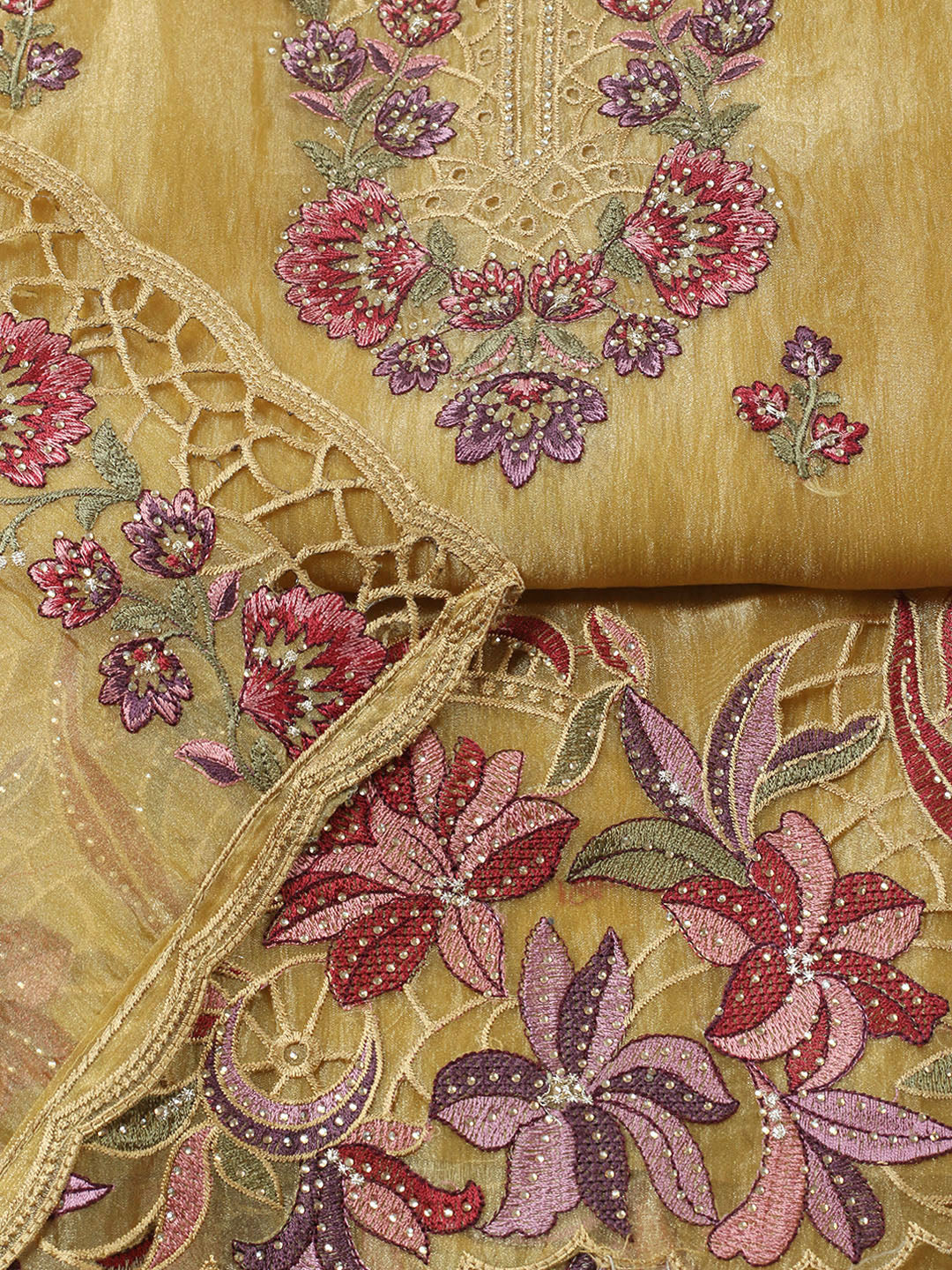 Embroidered Tissue Unstitched Suit With Pant &amp; Dupatta