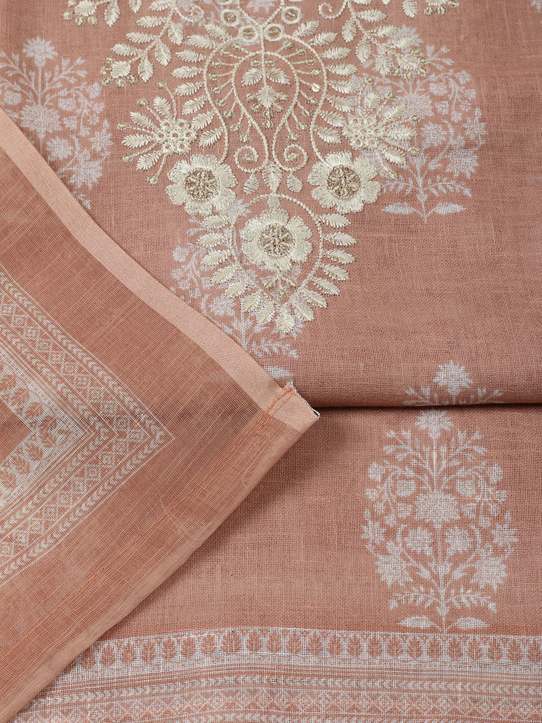 Embroidered Linen Blend Unstitched Suit With Pant &amp; Dupatta