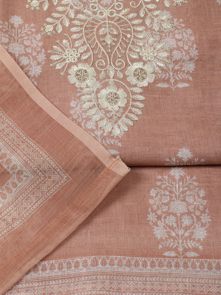 Embroidered Linen Blend Unstitched Suit With Pant &amp; Dupatta