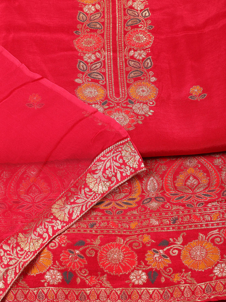 Embroidered Chanderi Unstitched Suit With Pant &amp; Dupatta