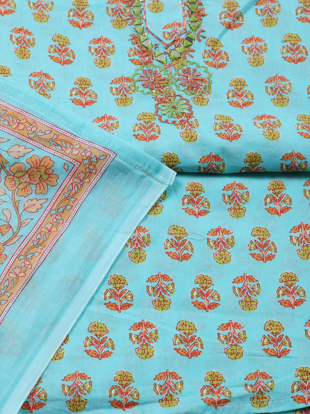 Embellished Cotton Blend Unstitched Suit With Pant &amp; Dupatta