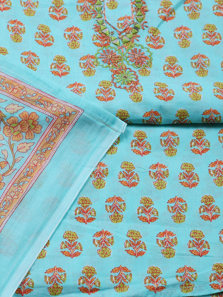 Embellished Cotton Blend Unstitched Suit With Pant &amp; Dupatta