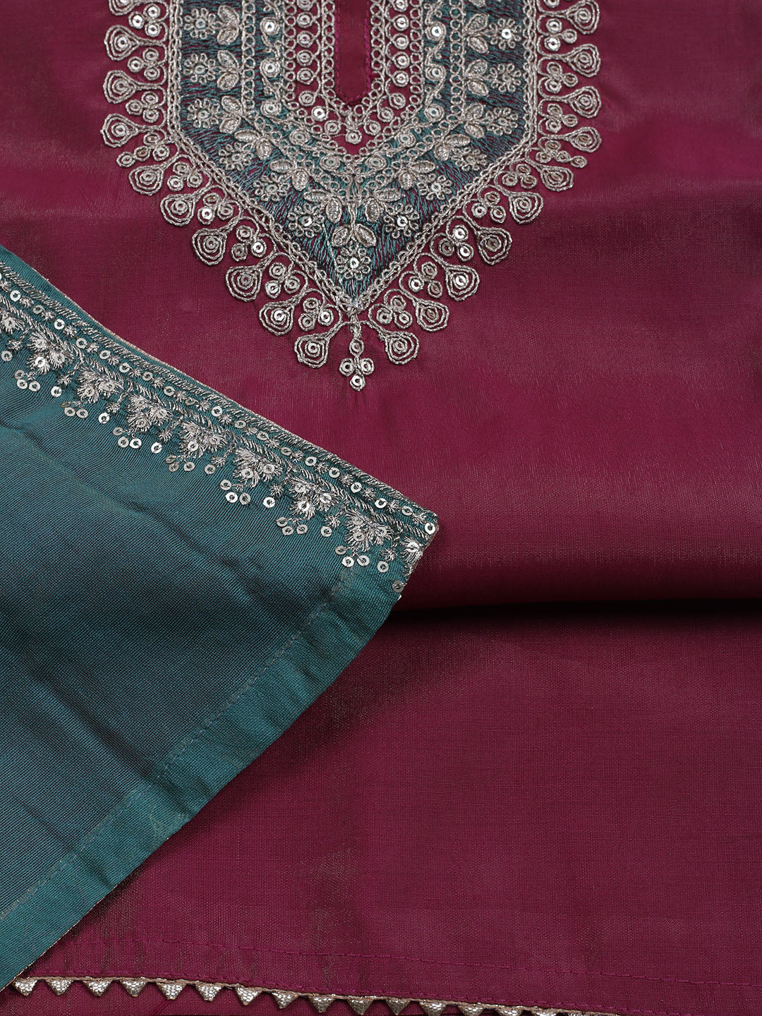 Neck Embroidered Chanderi Unstitched Suit With Dupatta