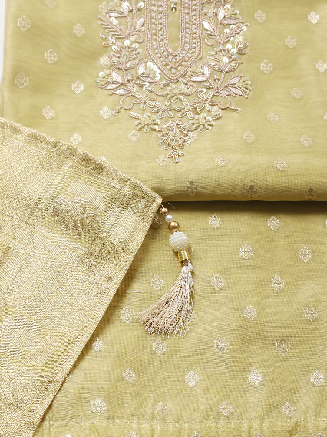 Embroidered Chanderi Unstitched Suit With Pant &amp; Dupatta