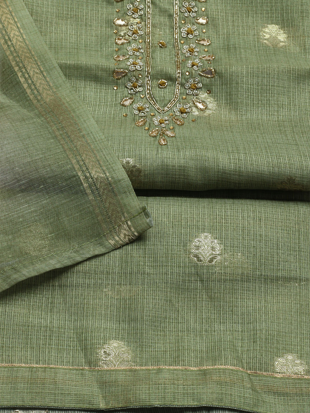 Embroidered Linen Unstitched Kurta With Pant & Dupatta