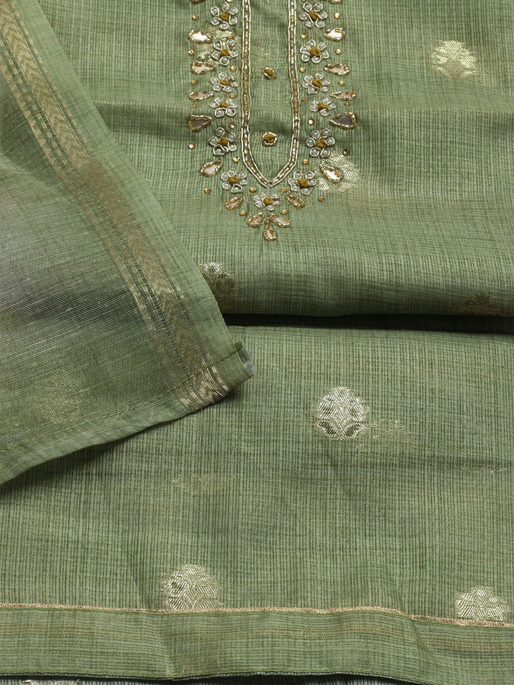 Embroidered Linen Unstitched Kurta With Pant &amp; Dupatta