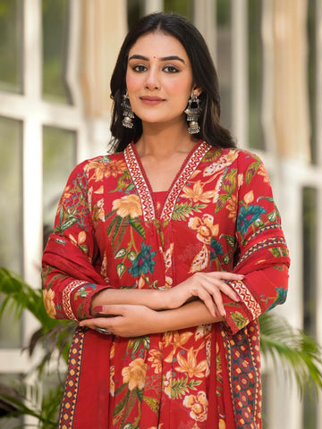 Digital Printed Cotton Blend Kurta With Pants & Dupatta