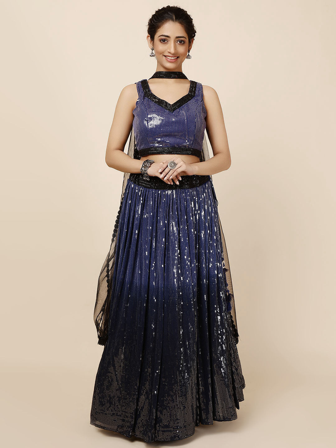 Sequin Embroidered Georgette Choli With Lehenga &amp; Dupatta