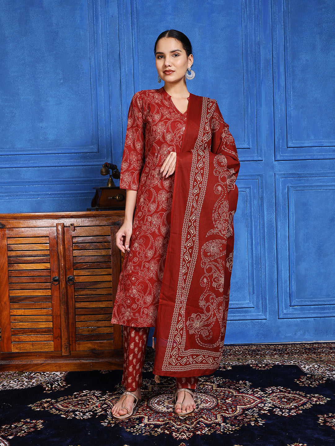 Printed Cotton Blend Kurta With Pants & Dupatta
