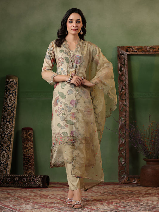 Digital Floral Printed Cotton Blend Kurta With Pants & Dupatta