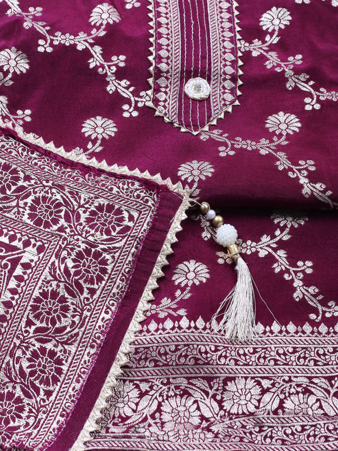 Embroidered Chanderi Unstitched Suit With Pant &amp; Dupatta