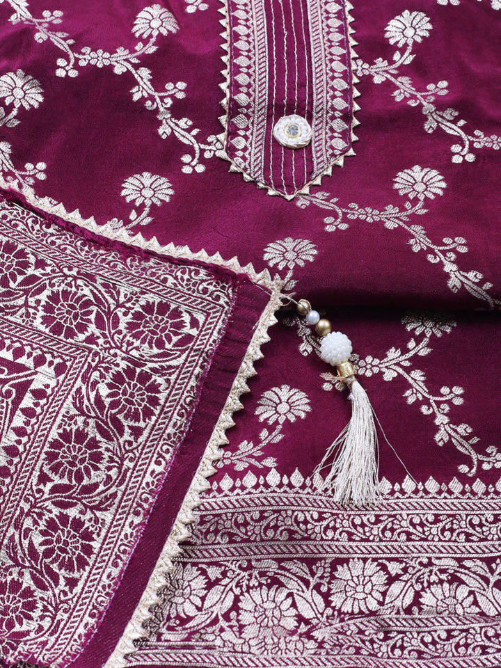 Embroidered Chanderi Unstitched Suit With Pant &amp; Dupatta