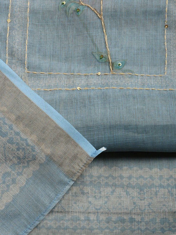 Printed Linen Blend Unstitched Suit With Pant &amp; Dupatta