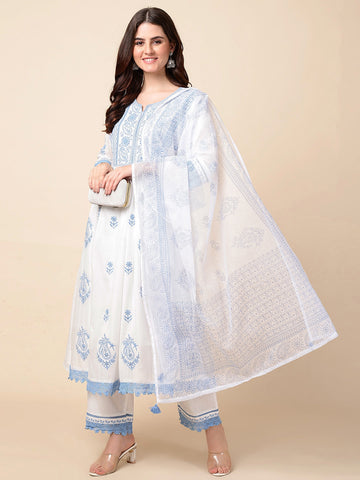 Printed Cotton Anarkali Kurta With Pants & Dupatta