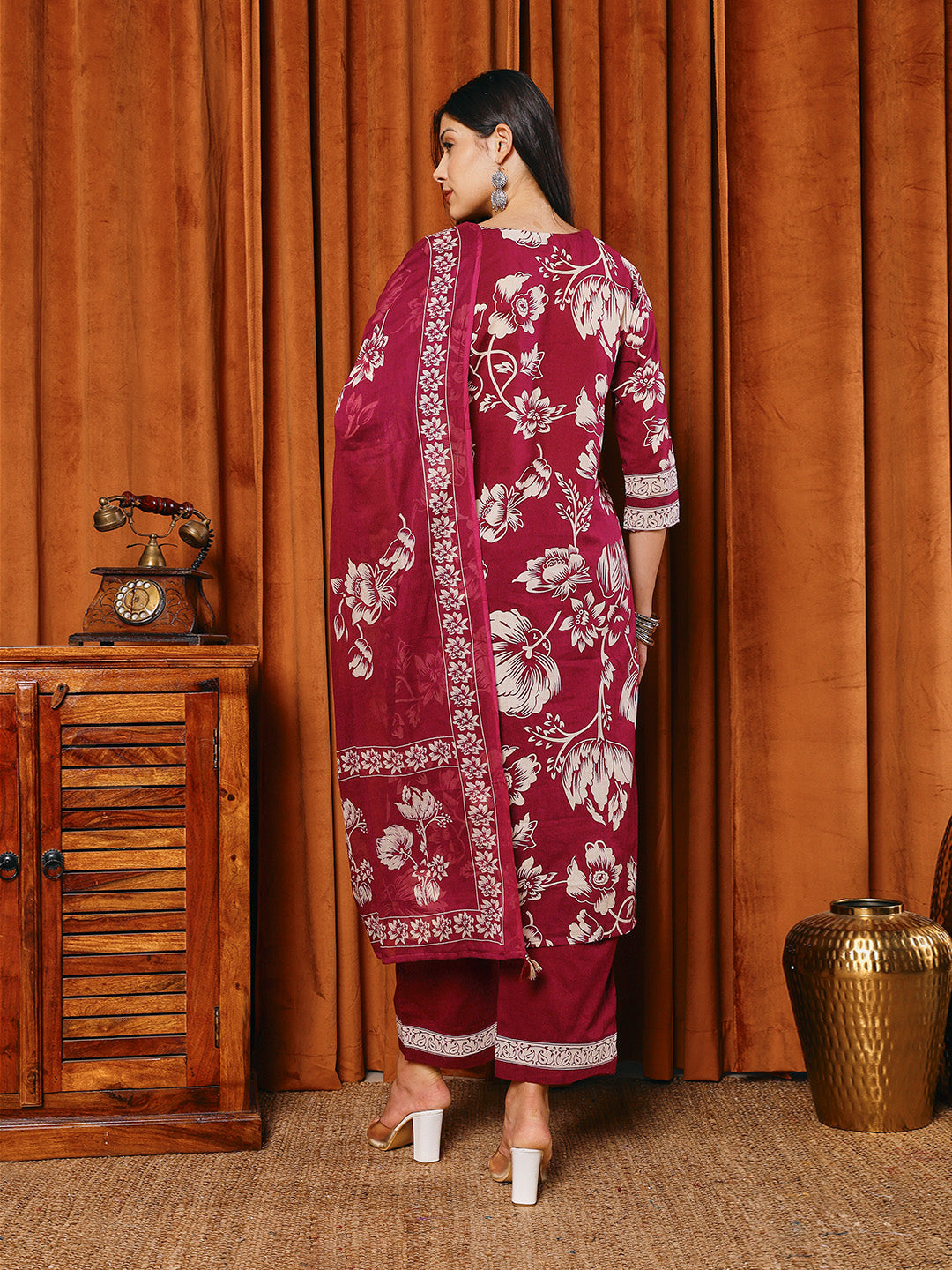 Printed Cotton Blend Kurta With Pants & Dupatta