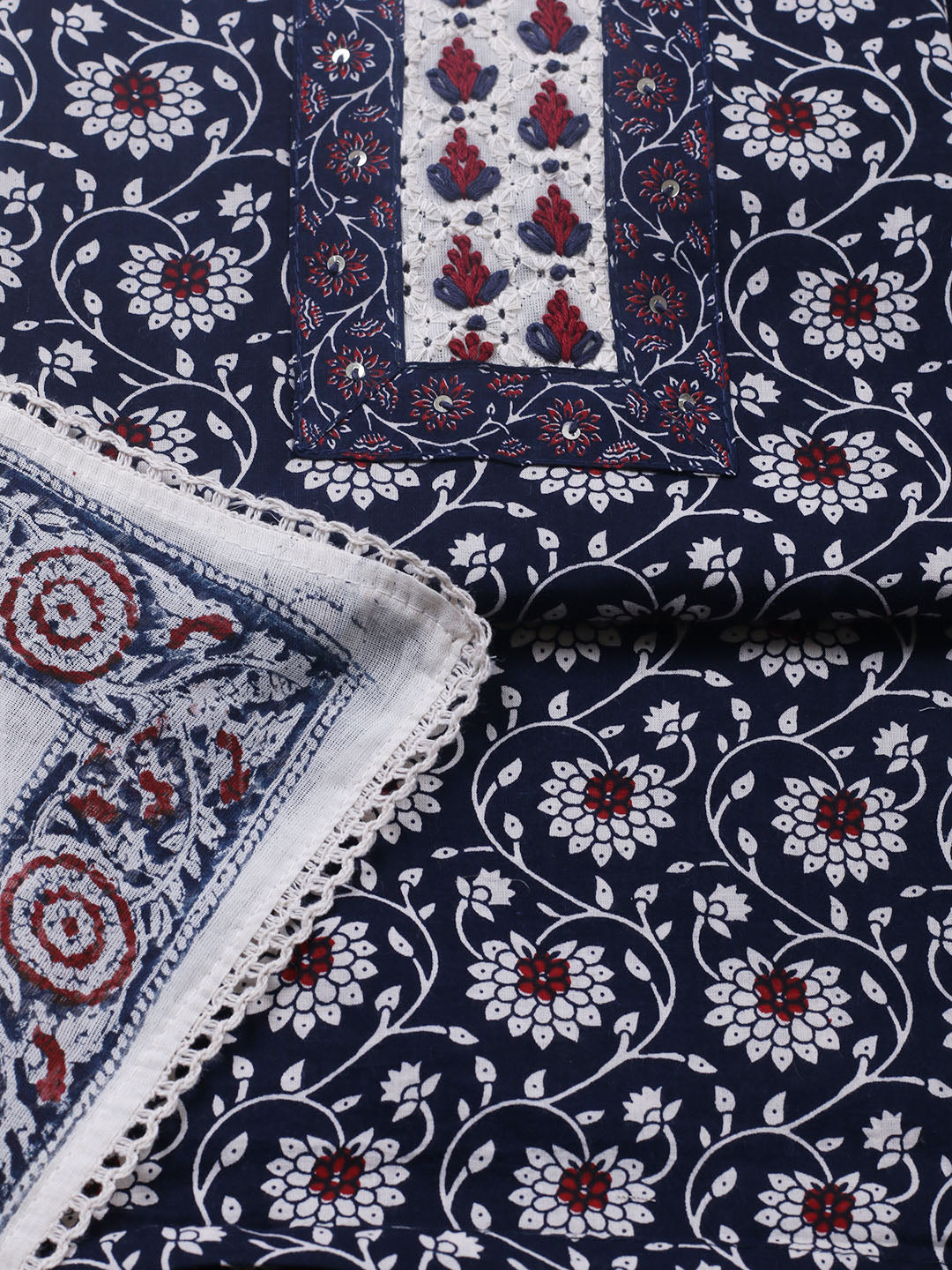 Embroidered Cotton Blend Unstitched Suit With Pant &amp; Dupatta