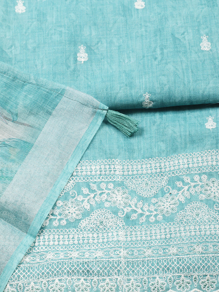Embroidered Linen Blend Unstitched Suit With Pant &amp; Dupatta