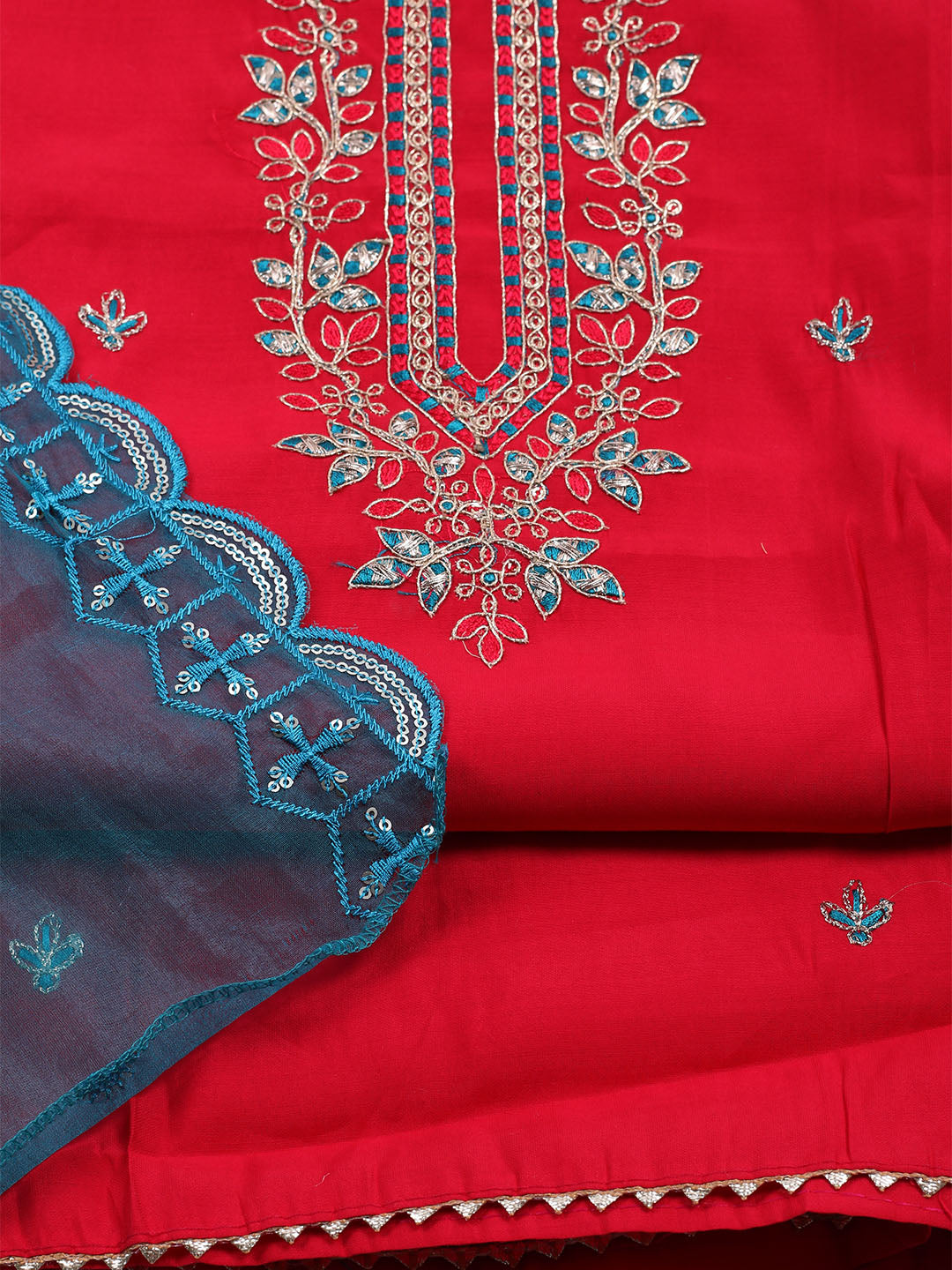 Neck Embroidered Chanderi Unstitched Suit With Dupatta