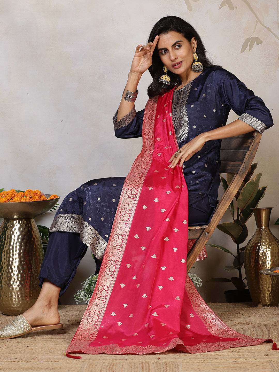 Banarasi Weave Art Silk Kurta With Pants & Dupatta