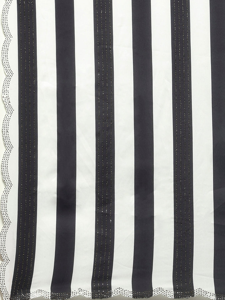 Stripes Printed &amp; Embellished Satin Saree