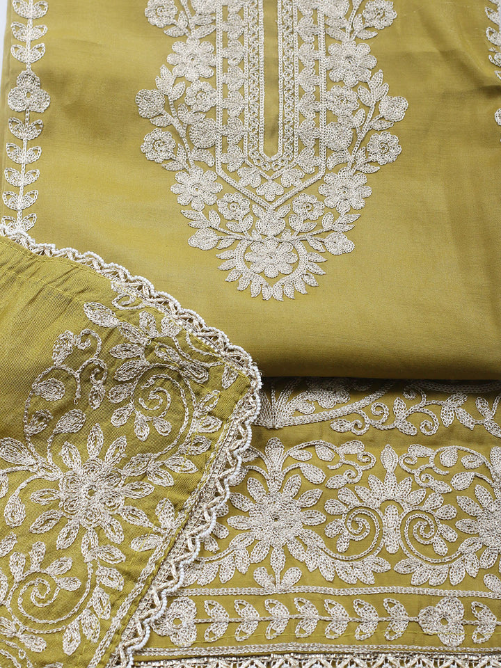 Embroidered Chanderi Unstitched Suit With Pant &amp; Dupatta