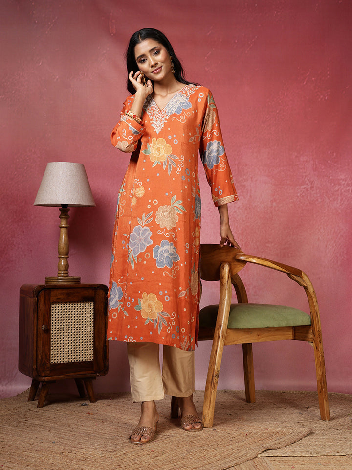 Neck Embroidered Cotton Blend Kurta With Pants