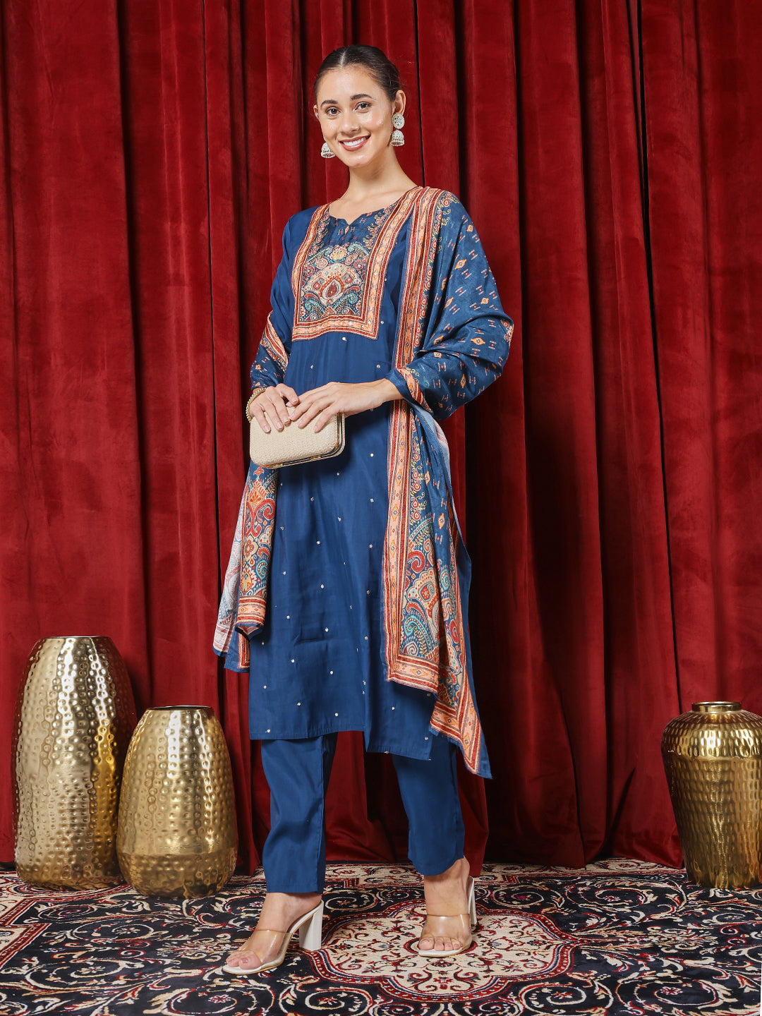 Printed Chanderi Kurta With Pants & Dupatta