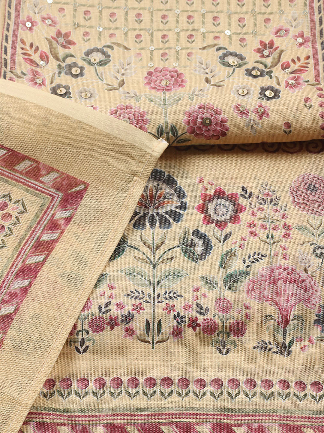 Printed Linen Blend Unstitched Suit With Pant &amp; Dupatta
