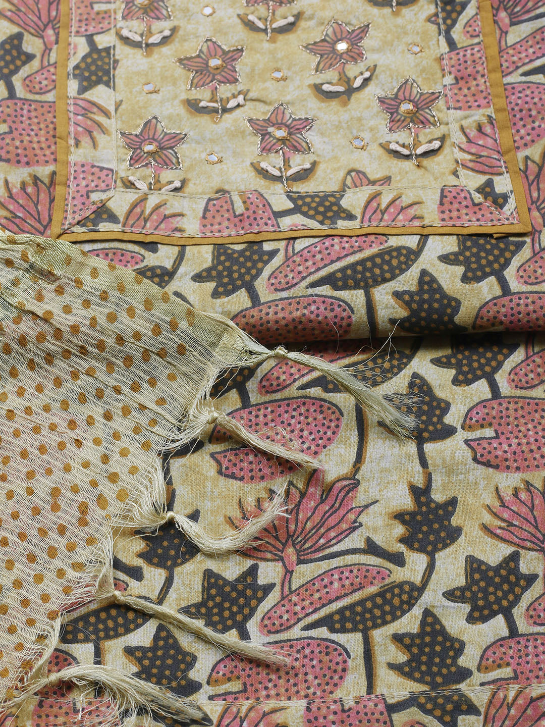 Printed Cotton Blend Unstitched Suit With Pant &amp; Dupatta