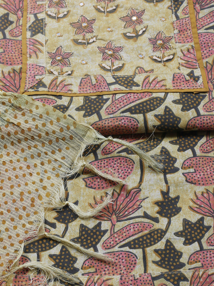 Printed Cotton Blend Unstitched Suit With Pant &amp; Dupatta