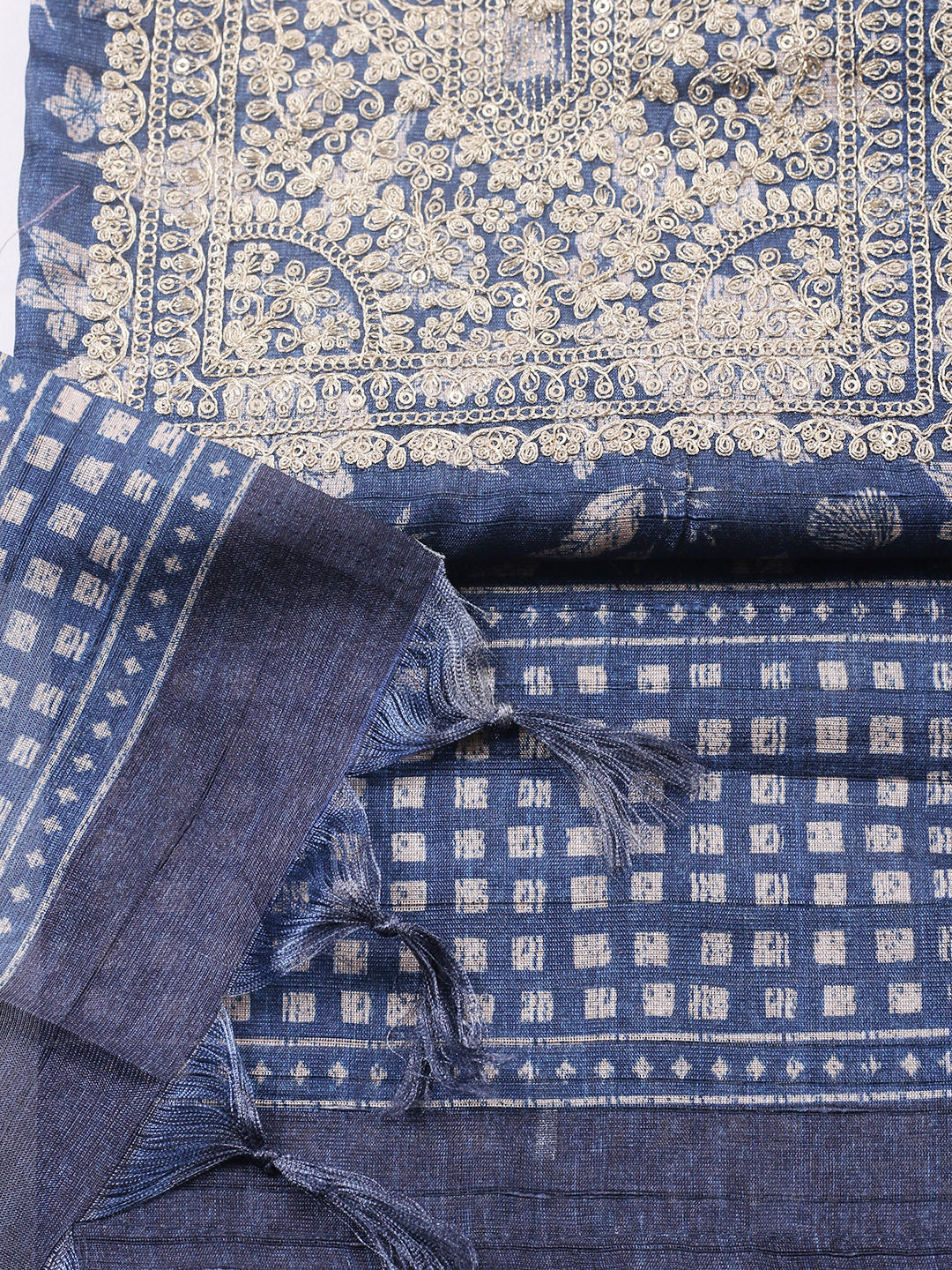 Embroidered Cotton Blend Unstitched Suit With Pant &amp; Dupatta
