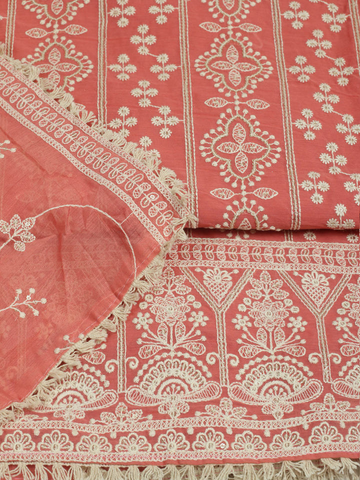 Embroidered Chanderi Unstitched Suit With Pant &amp; Dupatta