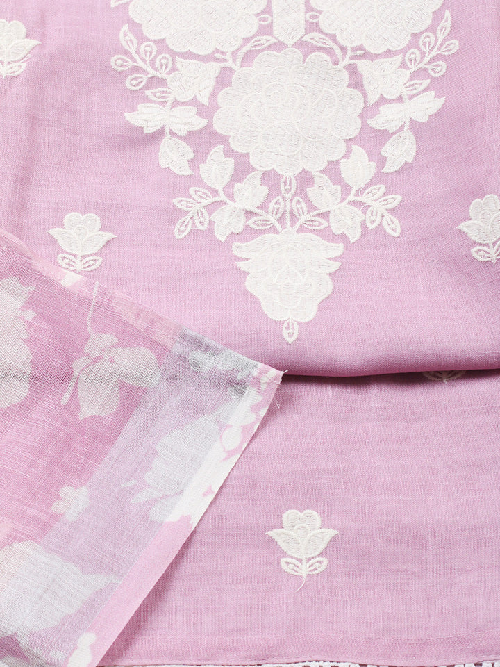 Embroidered Linen Blend Unstitched Suit With Pant &amp; Dupatta