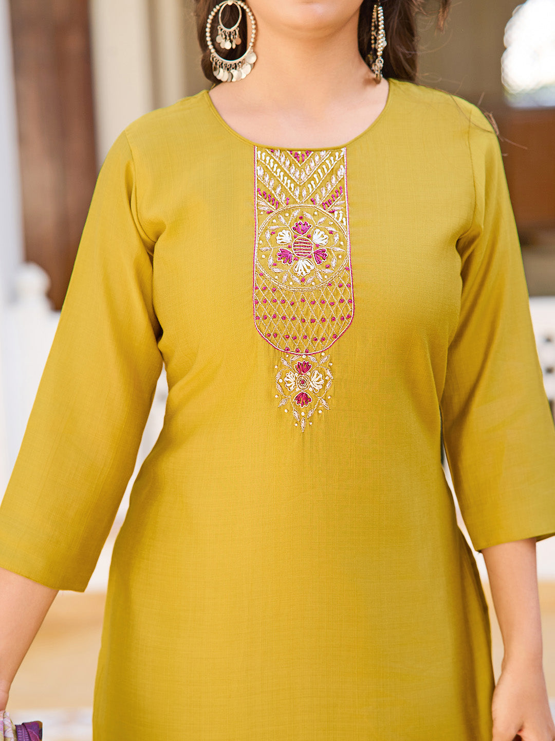 Neck Embroidery Cotton Blend Kurta With Pants &amp; Dupatta