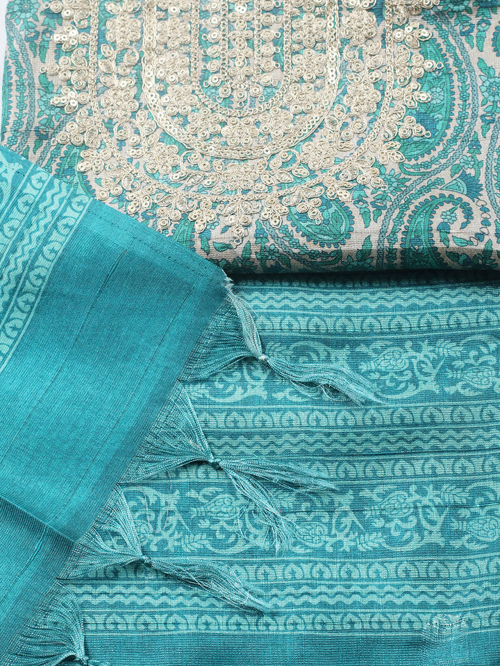 Embroidered Cotton Blend Unstitched Suit With Pant &amp; Dupatta