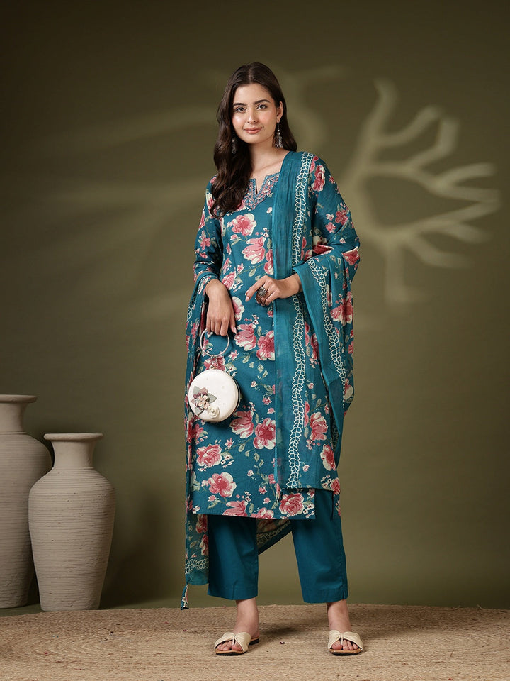 Printed Cotton Blend Kurta With Pant &amp; Dupatta