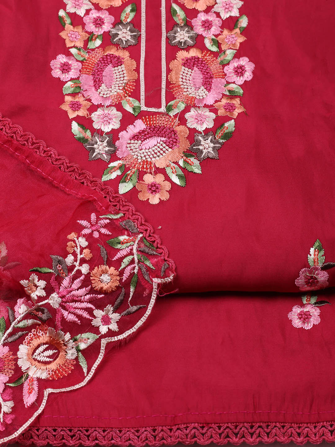 Embroidered Chanderi Unstitched Suit With Pant &amp; Dupatta