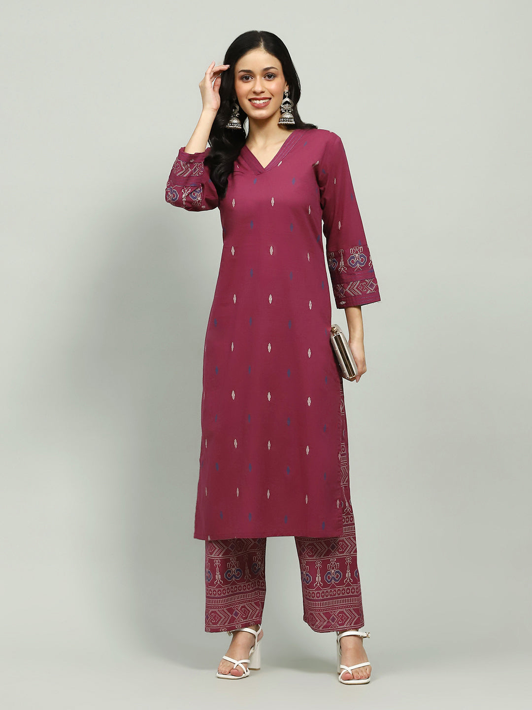 Plain Cotton Blend Kurta With Pants