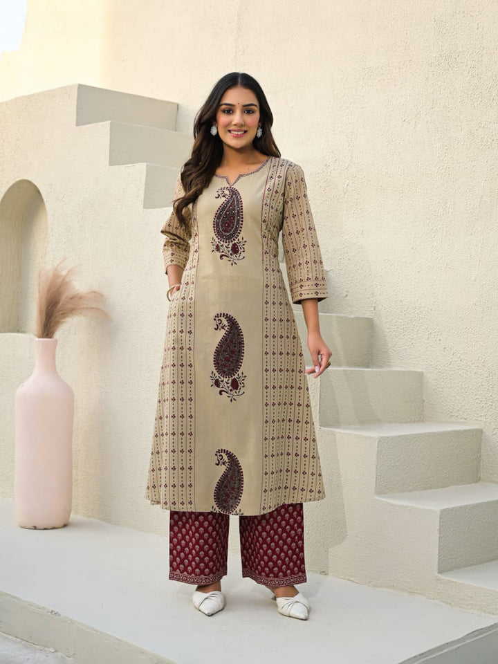 Beige Red Cotton Blend Printed Straight Suit Set