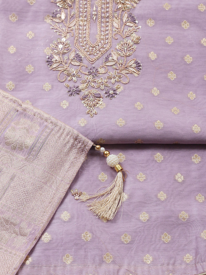 Embroidered Chanderi Unstitched Suit With Pant &amp; Dupatta